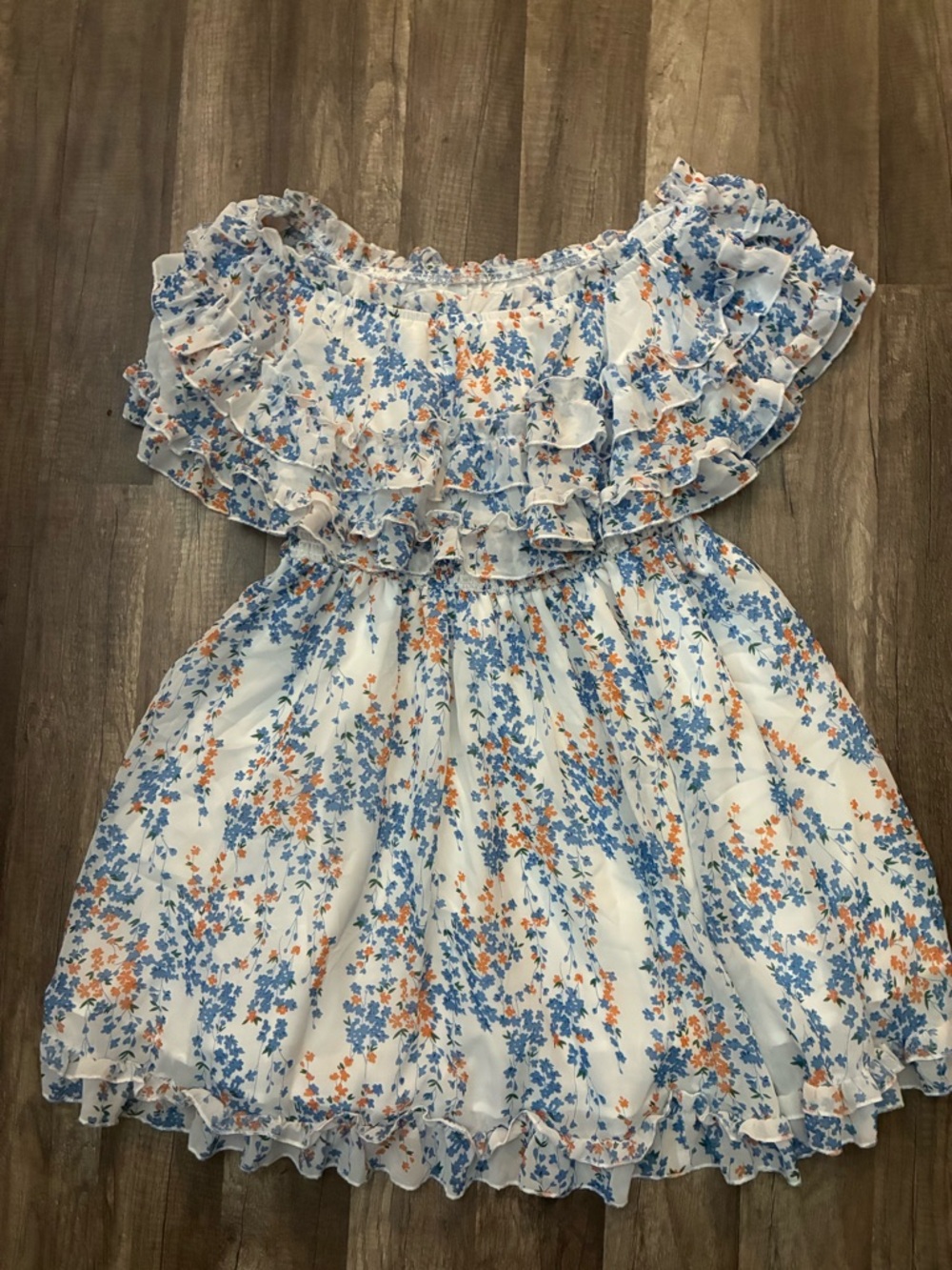 Off-Shoulder White Floral Mini Dress with Blue & Orange Print